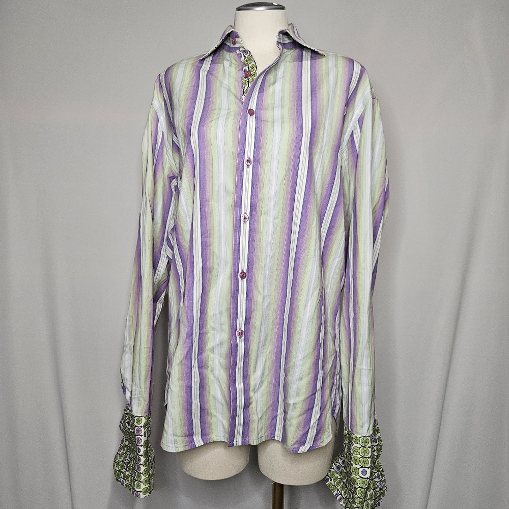 Robert Graham Striped Purple and Green Men's Shirt Sz L